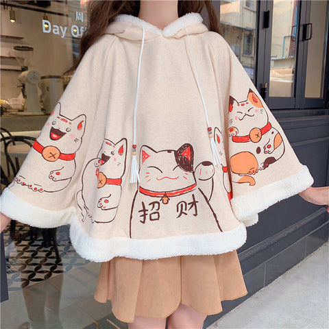 Cute Neko Cat Printing Thick Hoodie Cloak Coat AD10508