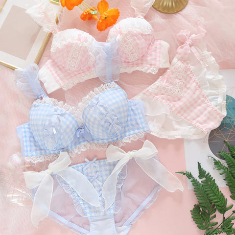 Sweet Lace Plaid Bow Lingerie Set  AD21273