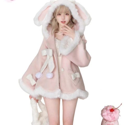 Pink Bunny Ear Love Woolen Coat  AD21196