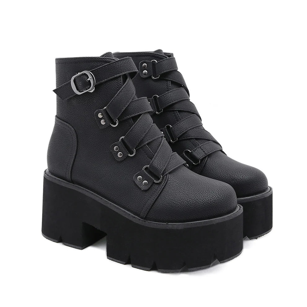 Black Buckle Strap Platform Combat Boots  AD21301