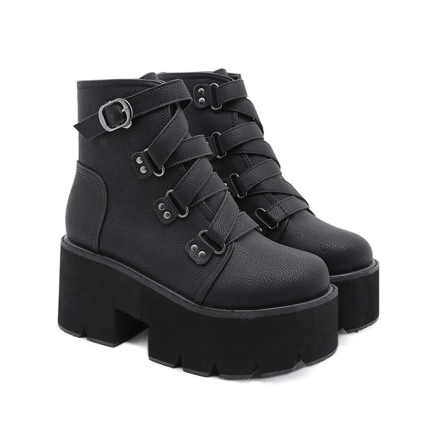 Black Buckle Strap Platform Combat Boots  AD21301