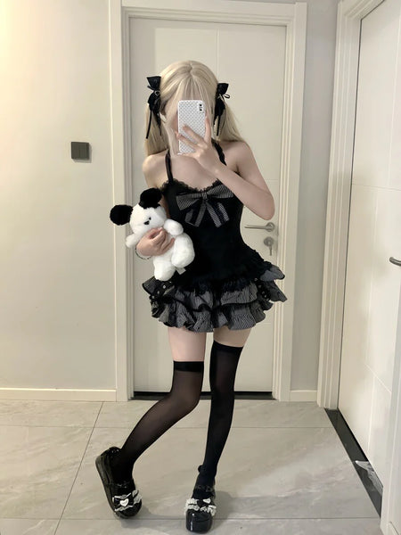Black Lace Suspenders with Gray Knit Cardigan and Short Skirt Set  AD21168