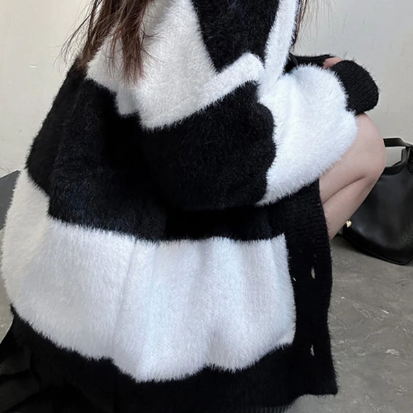 Black White Striped Cardigan Sweater Coat AD21140