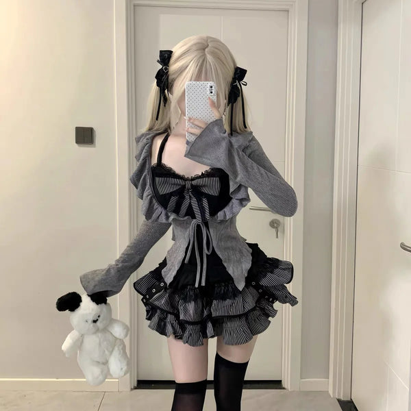Black Lace Suspenders with Gray Knit Cardigan and Short Skirt Set  AD21168