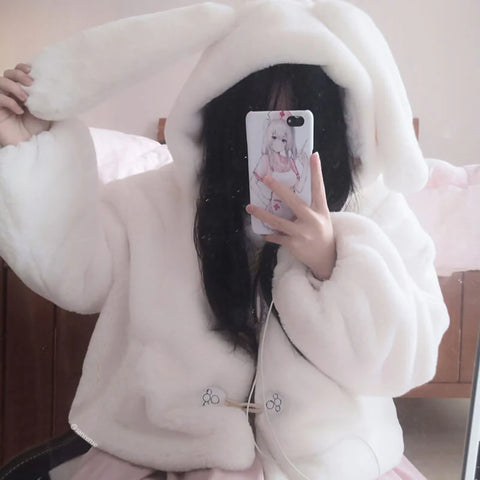 Horn Button Rabbit Ear Cat Claw Hoodie Plush Coat  AD21262