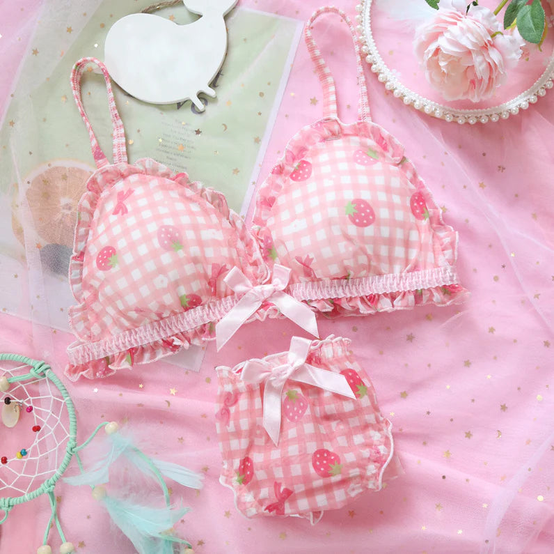 Pink Strawberry Plaid Underwear Set  AD21272