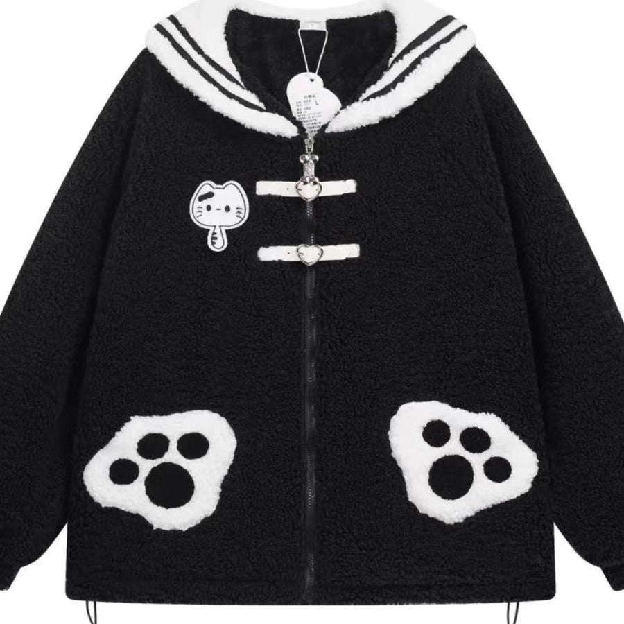 Cat Paw Navy Collar Lamb Wool Coat AD21197