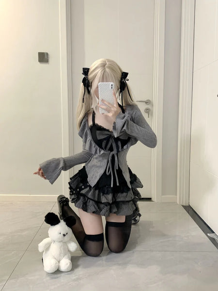 Black Lace Suspenders with Gray Knit Cardigan and Short Skirt Set  AD21168