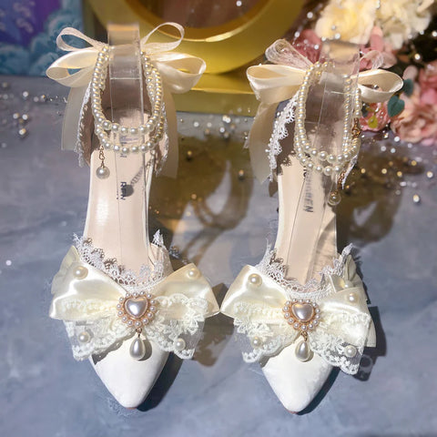 Lace Pearl Flower Bow Heels  AD21198