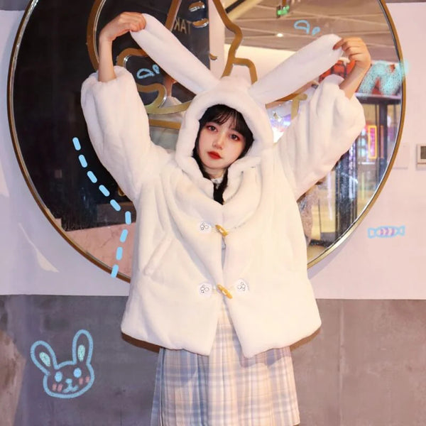 Horn Button Rabbit Ear Cat Claw Hoodie Plush Coat  AD21262