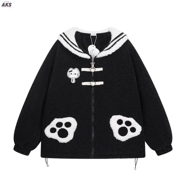 Cat Paw Navy Collar Lamb Wool Coat AD21197