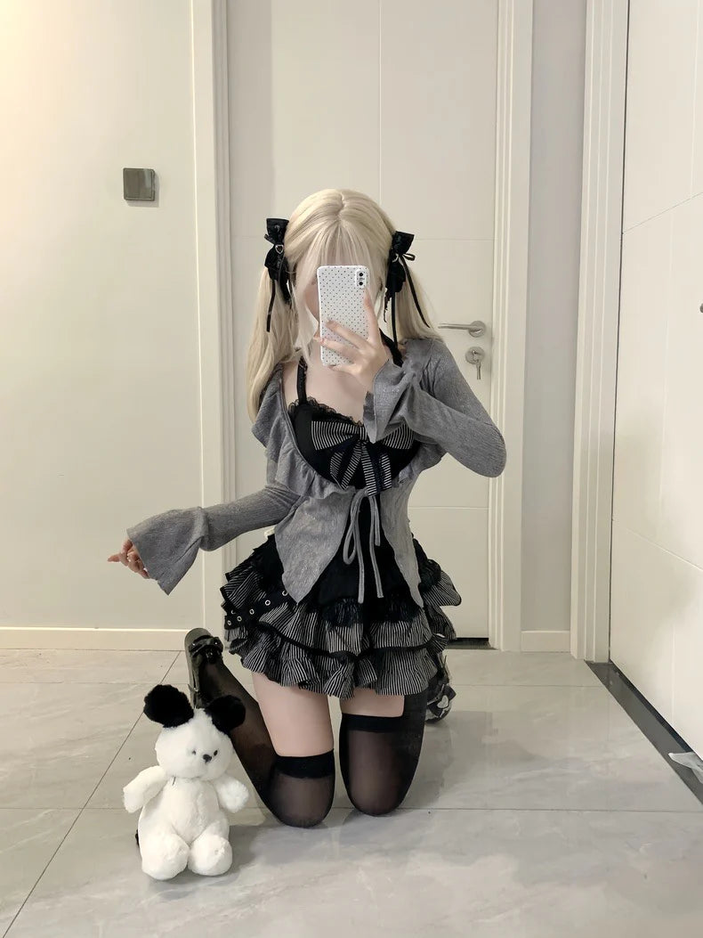 Black Lace Suspenders with Gray Knit Cardigan and Short Skirt Set  AD21168