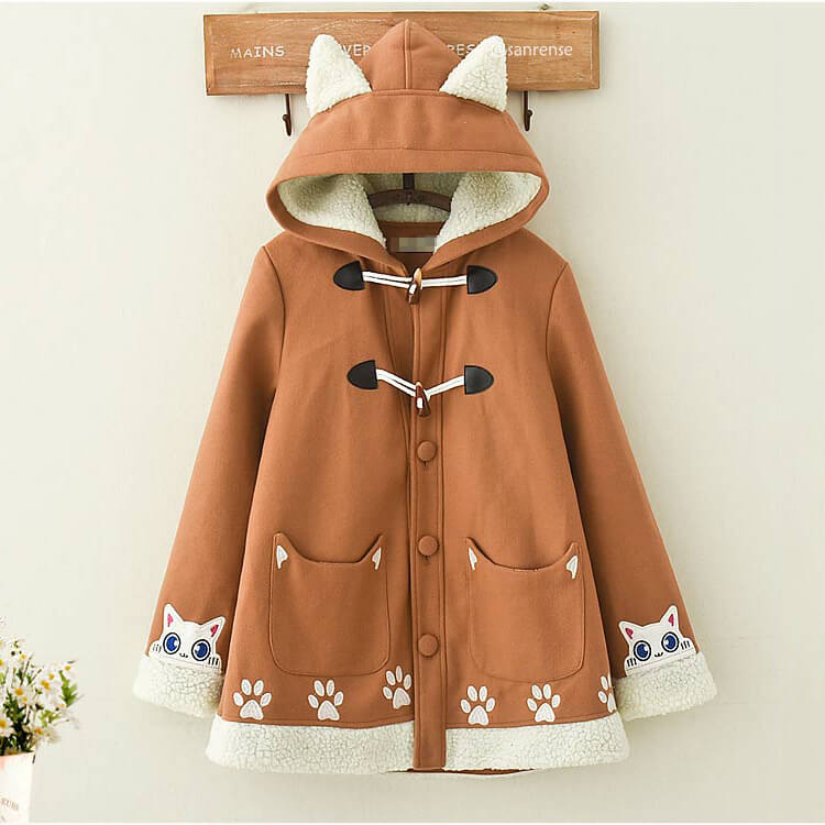 Brown Cat Hoodie Woolen Coat  AD21263