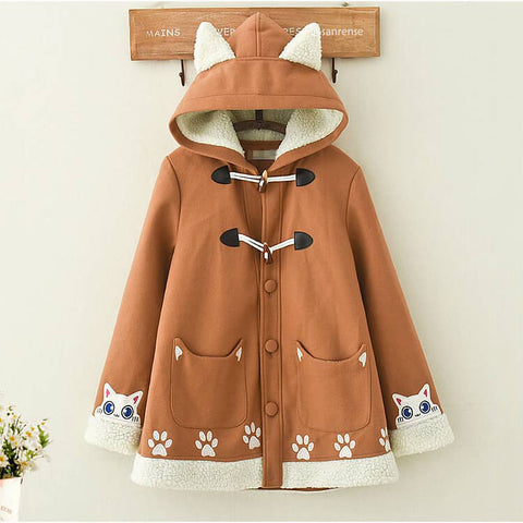 Brown Cat Hoodie Woolen Coat  AD21263