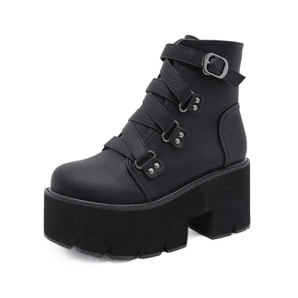 Black Buckle Strap Platform Combat Boots  AD21301