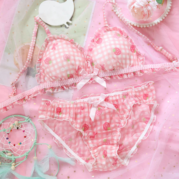 Pink Strawberry Plaid Underwear Set  AD21272
