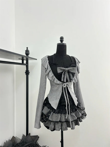 Black Lace Suspenders with Gray Knit Cardigan and Short Skirt Set  AD21168