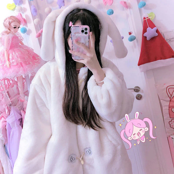 Horn Button Rabbit Ear Cat Claw Hoodie Plush Coat  AD21262