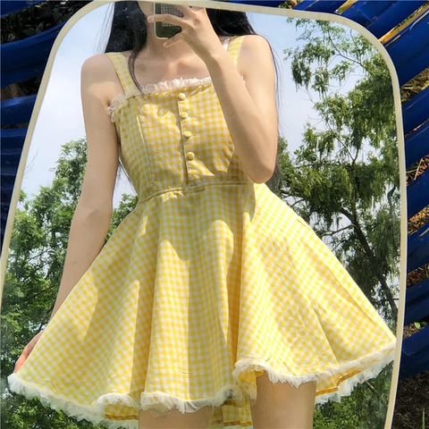 Yellow Plaid Trim Dress AD210145