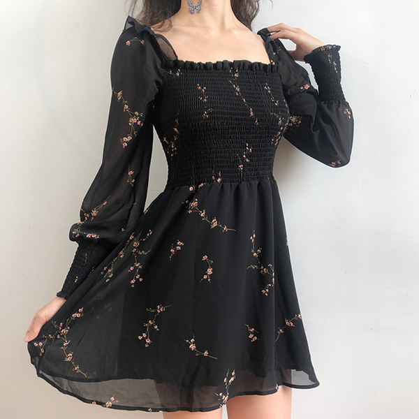 Flower Long Puff Sleeve Chiffon Dress AD11381
