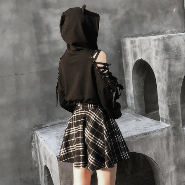 Gothic Cat Ears Lace Hoodie Plaid Skirt Set AD11189