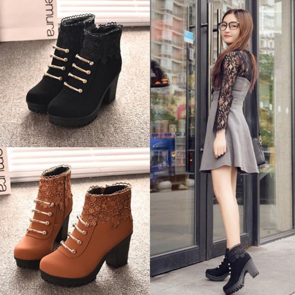 Black/Brown Lace Heels Martin Boots AD0163