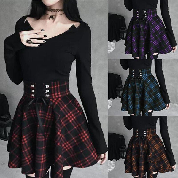 Black-Red Gothic High Waist Laced Plaid Skirt AD10487