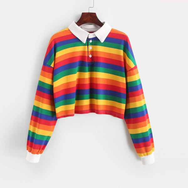 Rainbow Patchwork Button Turndown Sweatshirt AD11412