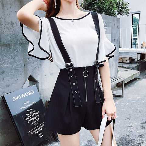 Flare Sleeve Top Zipper Strap Shorts Set AD11379