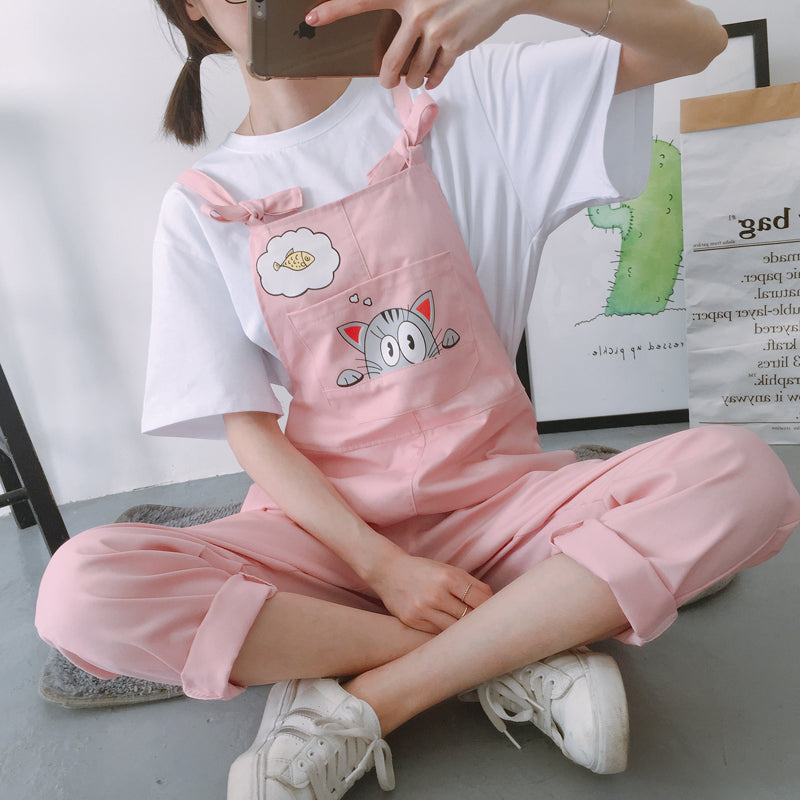 4 Colors Cartoon Cat Embroidered Overalls AD11351