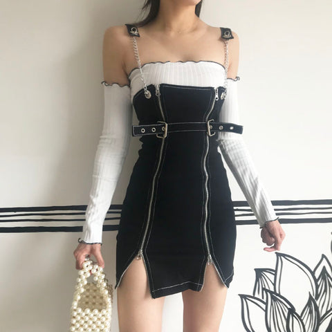 Side Zipper Suspender Skirt + Dew Shoulder Tee SuitAD10560