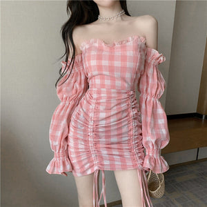 Pink Grid Off-The-Shoulder Dress AD12124