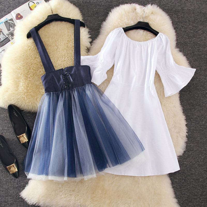 Denim Net Yarn Skirt Outfit AD10822
