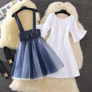 Denim Net Yarn Skirt Outfit AD10822