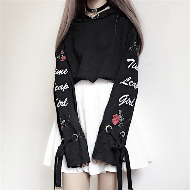 Rose Embroidered Short Hooded Sweater AD11042
