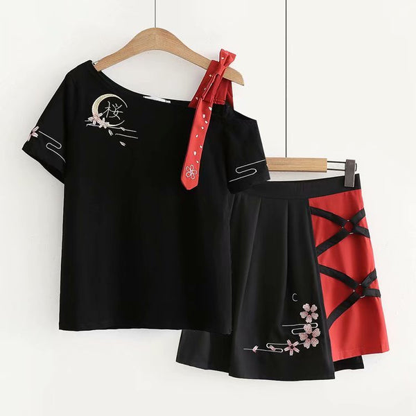 Cherry Blossom Embroidery T-Shirt + Skirt Two-Piece AD11257