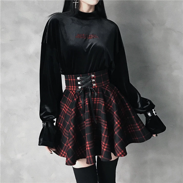 Black-Red Gothic High Waist Laced Plaid Skirt AD10487