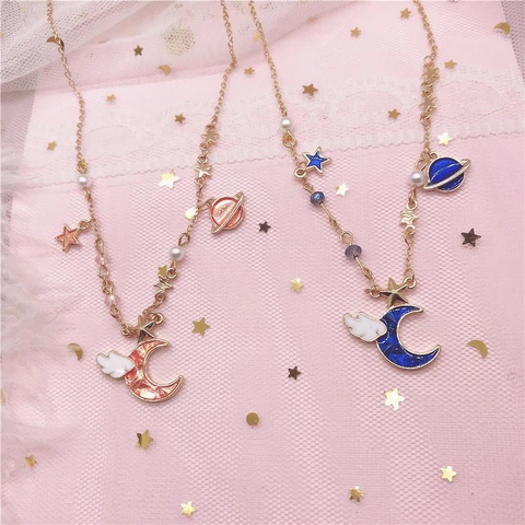 Blue/Pink Space Moon Necklace AD11465