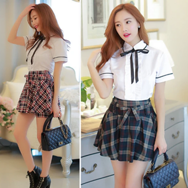 Uniform Shirt + Plaid Skirt Two-Piece Outfit AD11503