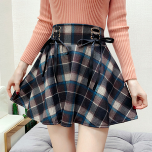 Red/Blue Retro Woolen Plaid Lace-up Skirt AD10545