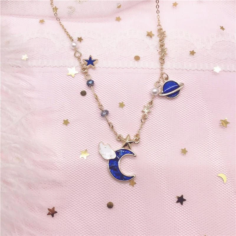 Blue/Pink Space Moon Necklace AD11465