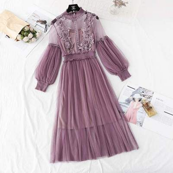 Lace Flower Gauze Lantern Sleeve Voile Dress AD11562