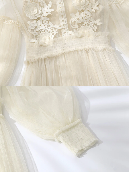 Lace Flower Gauze Lantern Sleeve Voile Dress AD11562