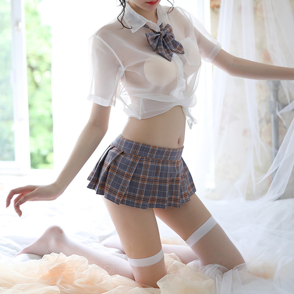 Bow Shirt + Grid Pleated Skirt Set AD10700