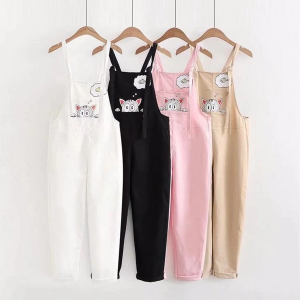 4 Colors Cartoon Cat Embroidered Overalls AD11351