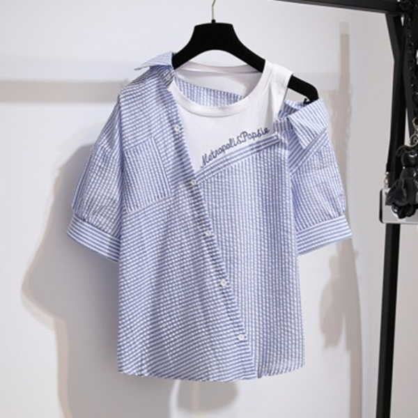 Striped Off Shoulder Shirt + Shorts Suit AD11599