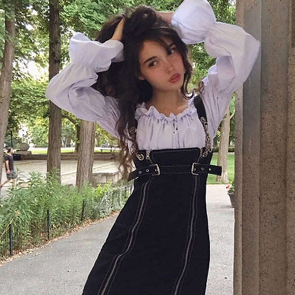 Side Zipper Braces Skirt + Blouse Set AD11556