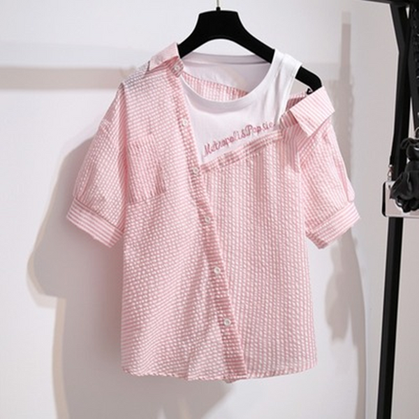 Striped Off Shoulder Shirt + Shorts Suit AD11599