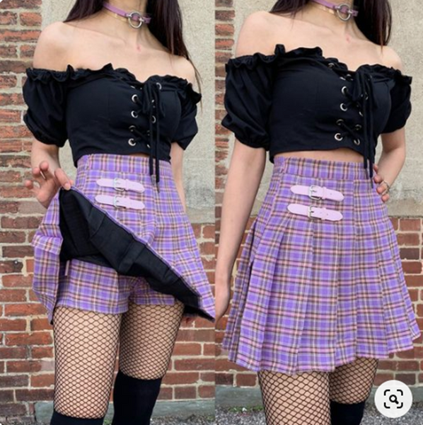Purple Grid Pleated Skirt AD10383