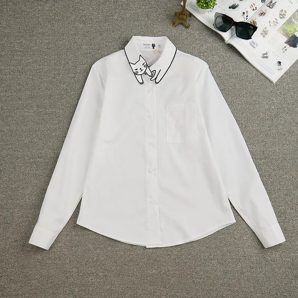 Cat Embroidered White Shirt AD10943